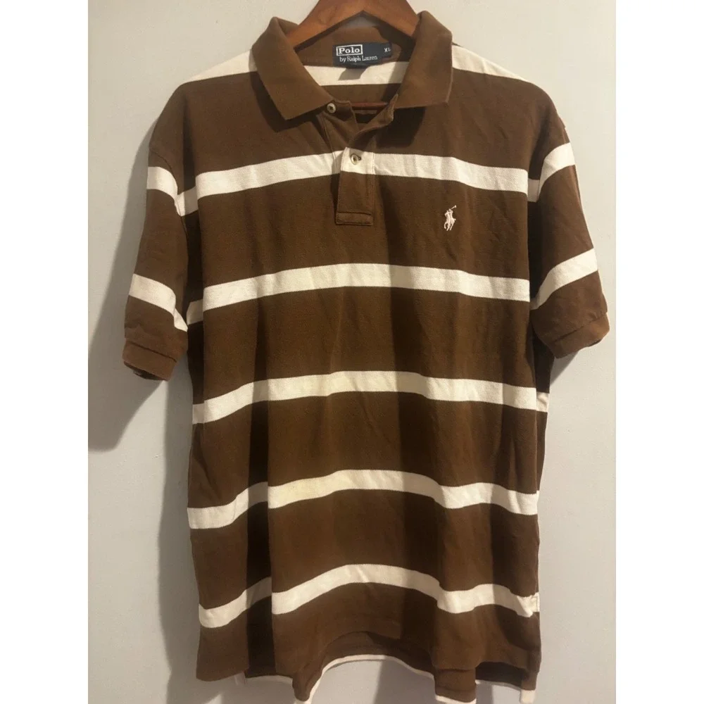 Vintage Ralph‎ Lauren Polo Shirt Men's XL Short Sleeve Brown Cream Striped